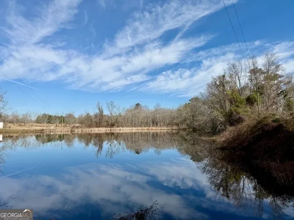 a view of a lake with houses in the back