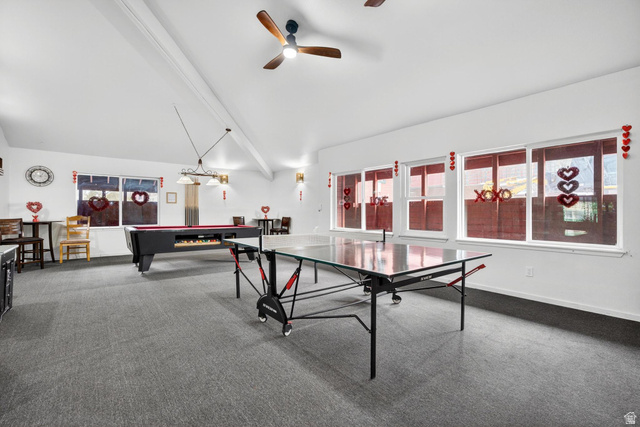 407 South Vasels Road, Unit 24 Brian Head, UT 84719 - Photo 31 of 63 Recreation room with billiards table, lofted ceiling with beams, and a ceiling fan