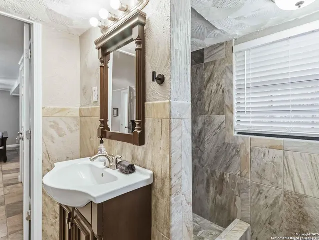 a bathroom with a sink a mirror and a shower