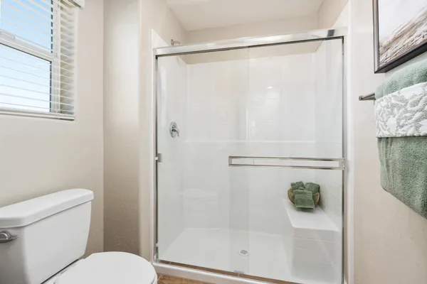 a bathroom with a shower and a toilet