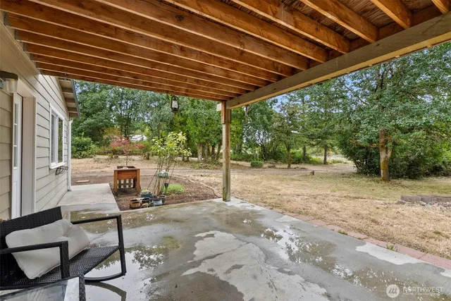 a patio with water view