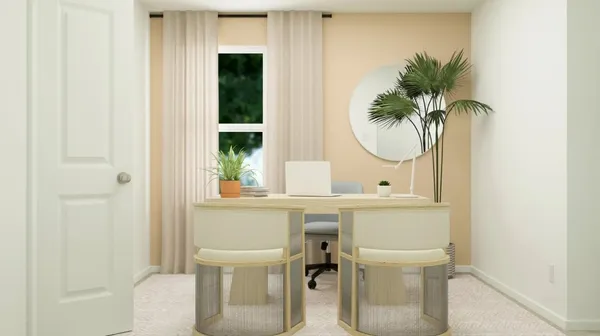 a living room with furniture and large windows