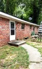 a view of a backyard with plants and large tree