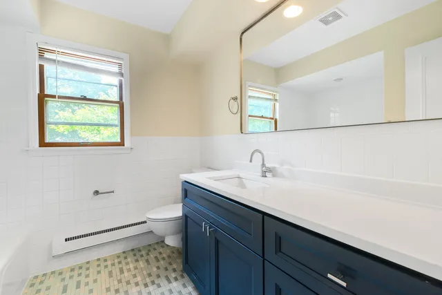 a bathroom with a sink a toilet a shower and a mirror