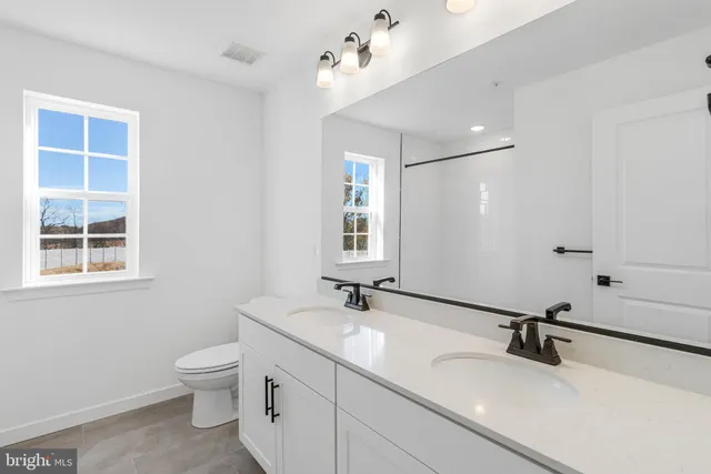 a bathroom with a sink double vanity and a mirror