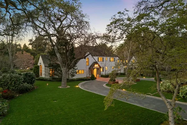 a view of a park with large trees