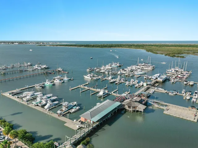 an aerial view of a lake with boats and trees in the background