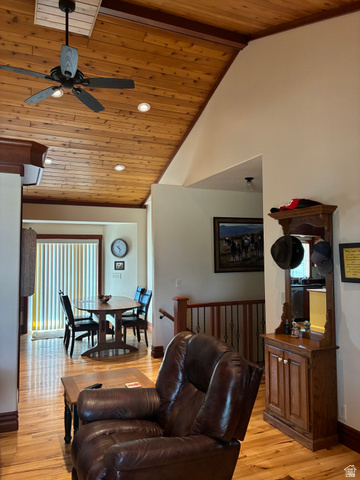581 South 700 East Spring City, UT 84662 - Photo 8 of 42 Vaulted wood-paneled ceiling with recessed lighting and ceiling fan