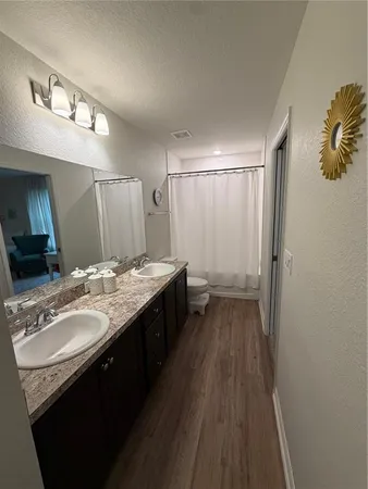 a bathroom with a sink a mirror and a toilet