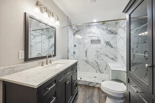 a bathroom with a sink vanity mirror and toilet