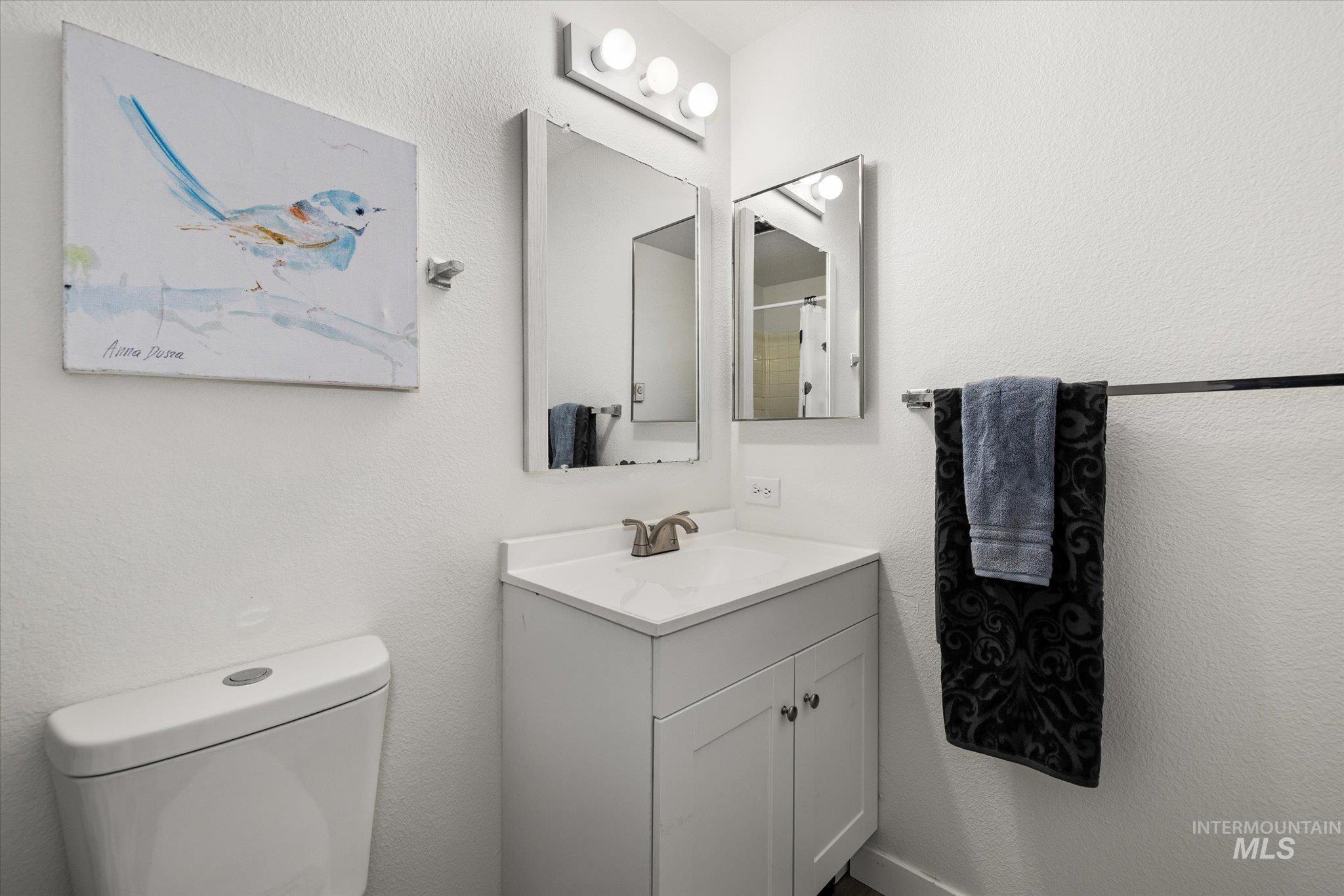 419 West Logan Street Caldwell, ID 83605 - Photo 33 of 50 Full bath featuring a textured wall, vanity, and a shower with shower curtain