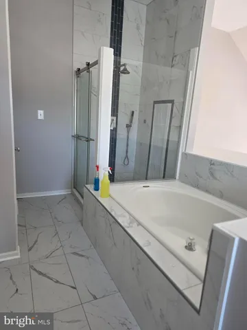 a bathroom with a tub a rug and a shower