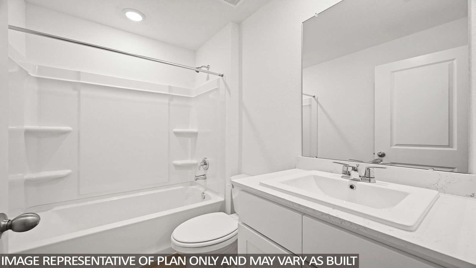 152 Baby Calf Roping Road Jarrell, TX 76537 - Photo 21 of 23 Bathroom featuring a white bathtub with an integrated shower, a vanity with a white countertop and undermount sink, and a large wall-mounted mirror