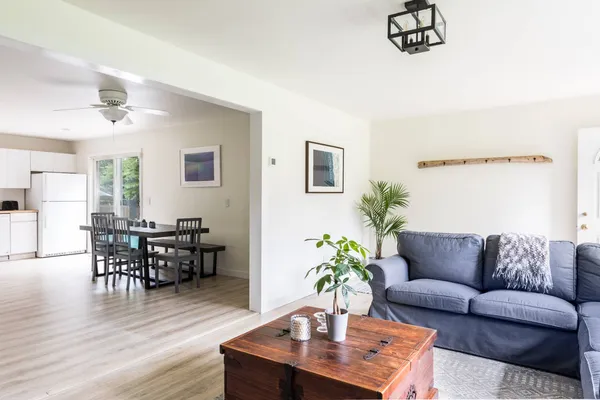 a living room with furniture potted plant and window