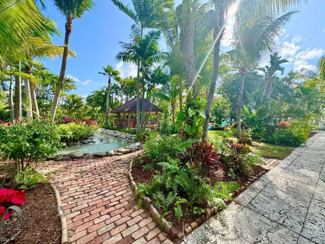 a backyard of a house with large trees and plants