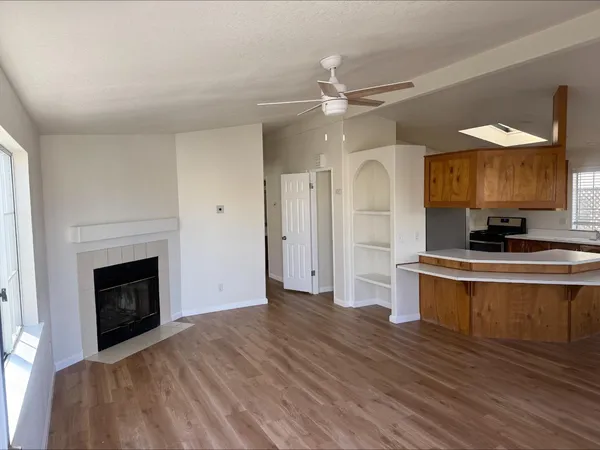 a view of a kitchen with a sink a fireplace and wooden floor