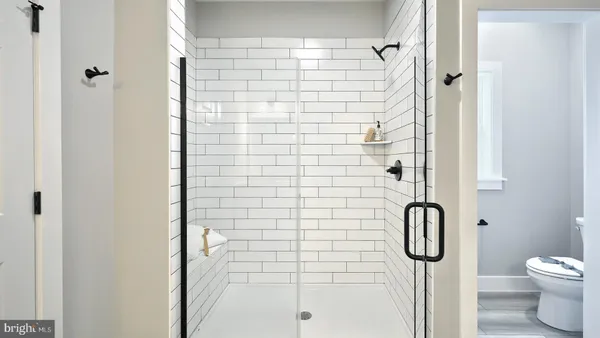 a bathroom with a shower and toilet