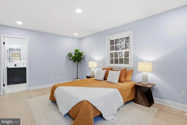 a bedroom with a large bed and a potted plant