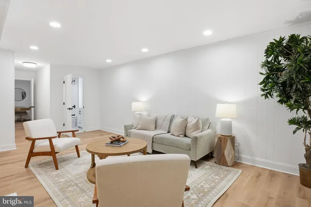 a living room with furniture and a potted plant