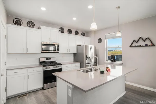 a kitchen with stainless steel appliances a sink a stove a refrigerator cabinets and white wooden cabinets