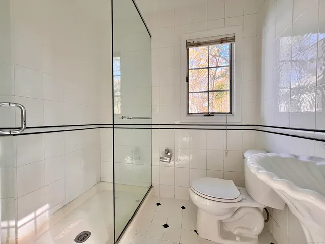 a bathroom with a toilet a sink and shower