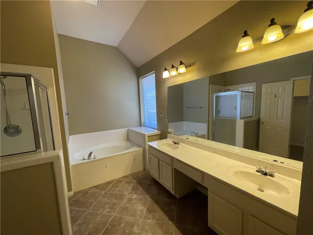 a bathroom with a tub sink and mirror