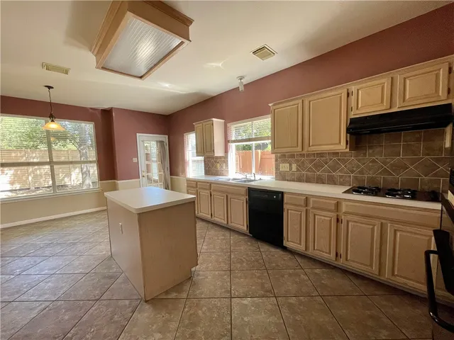 a kitchen with a sink a counter top space and appliances