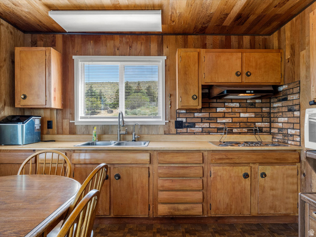 85 B Street, Unit 22 St. Charles, ID 83272 - Photo 19 of 35 Kitchen featuring wood walls and ceiling, a window with horizontal blinds, a double basin stainless steel sink, and light wood-finish cabinetry