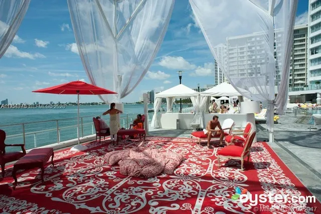 a view of a lake with a table and a lake view