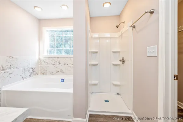 a bathroom with a bathtub and a shower