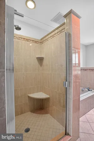 a bathroom with a shower and a toilet