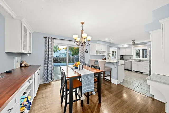 a view of a dining room with furniture and chandelier