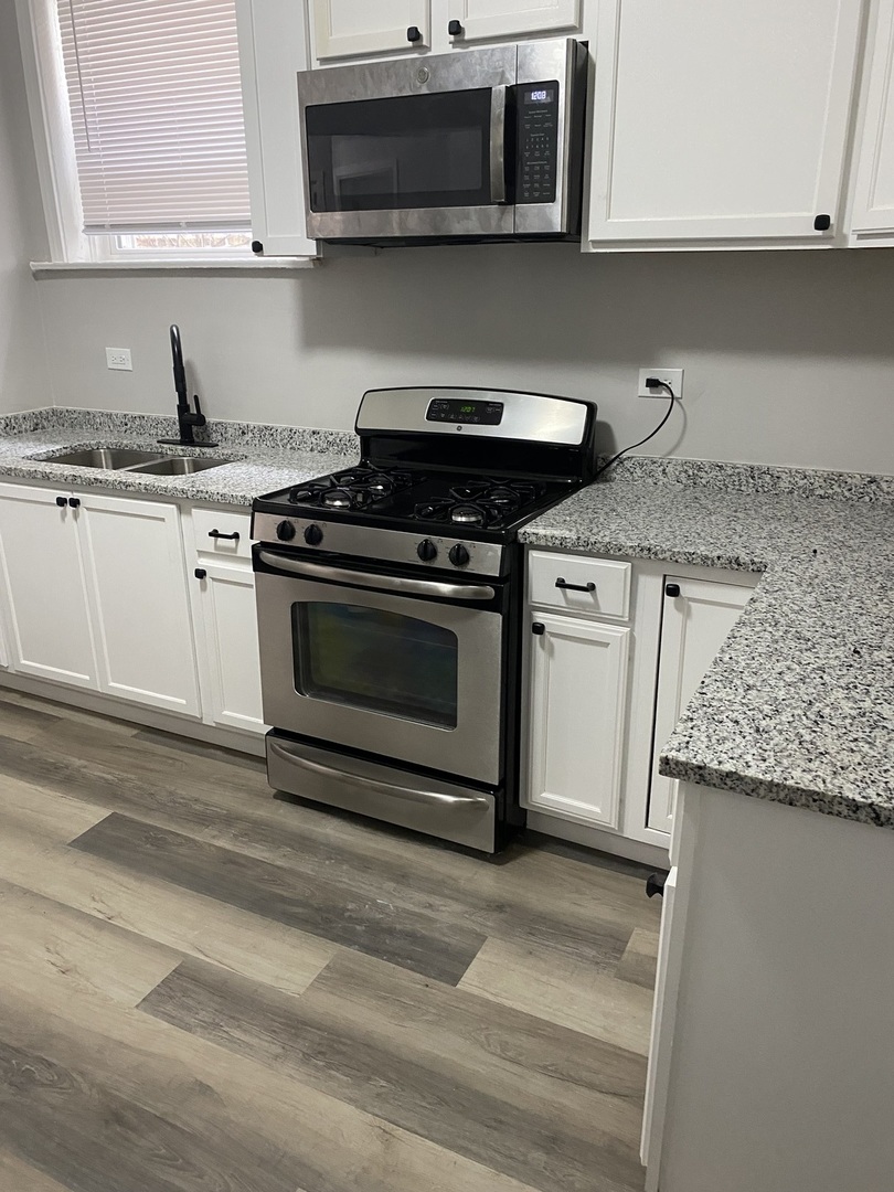 7425 South Princeton Avenue, Unit 2 Chicago, IL 60621 - Photo 9 of 24 a kitchen with granite countertop a stove microwave and oven