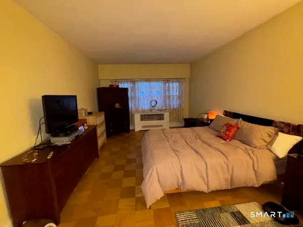 a bed room with a bed and a television