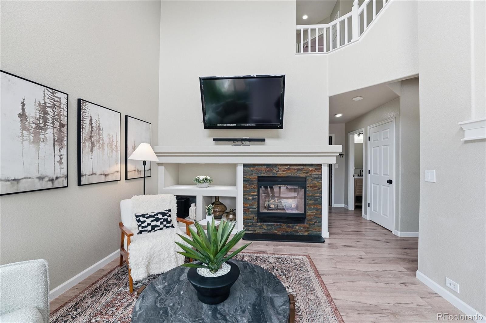 9387 Wolfe Drive Highlands Ranch, CO 80129 - Photo 23 of 50 a living room with furniture a flat screen tv and a fireplace