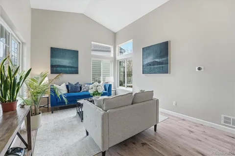 a living room with furniture and a potted plant