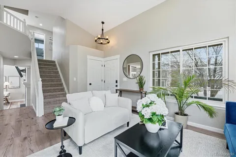a living room with furniture potted plant and a window