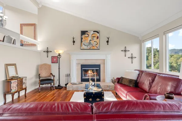 a living room with furniture and a fireplace