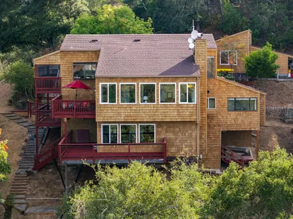a aerial view of a house with a yard and potted plants