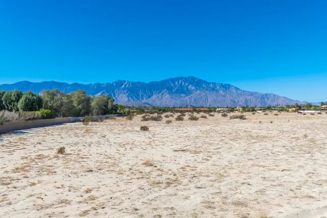 a view of a dry yard with mountains in the background