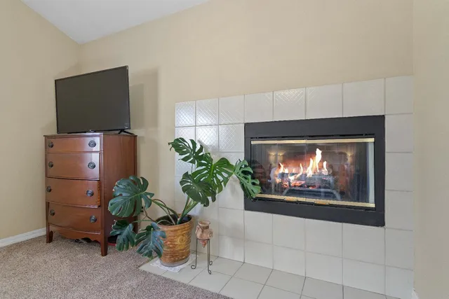a living room with furniture a potted plant and a fireplace