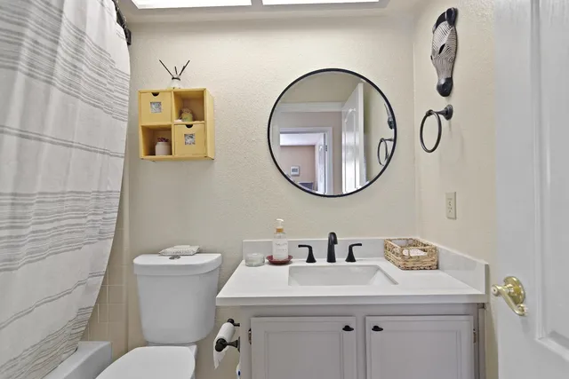 a bathroom with a sink a toilet and a mirror