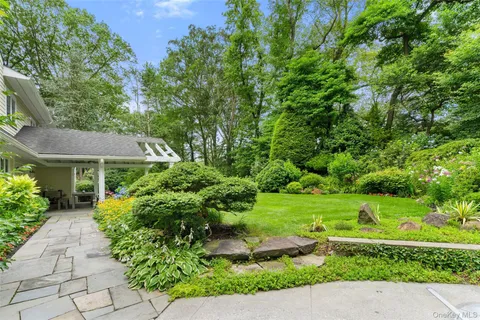 a view of a garden with plants and a fountain