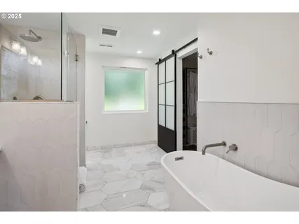 a bathroom with a bathtub and a shower