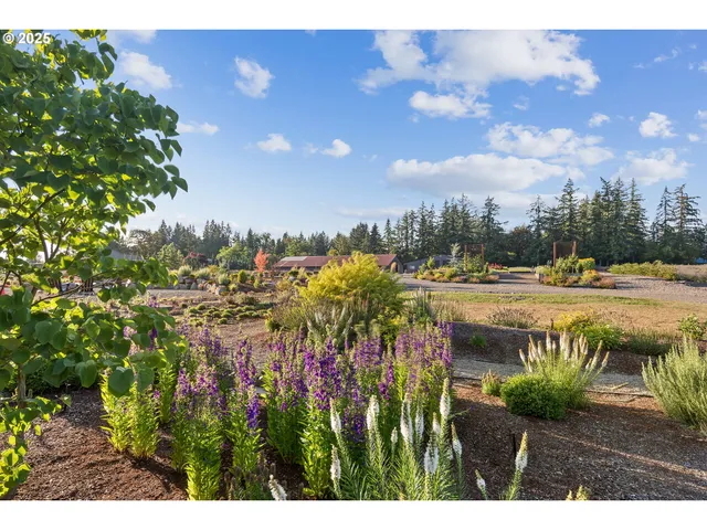 a view of a lake with a garden