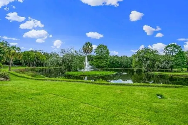 a view of a golf course with a lake