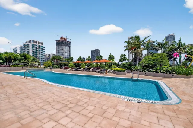 a view of a swimming pool and a yard