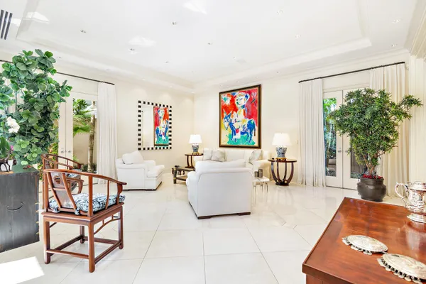 a living room with furniture and a potted plant