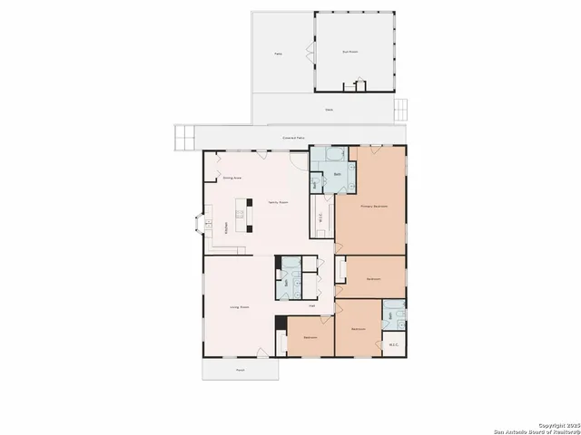 a view of a porch with a bench in front of it