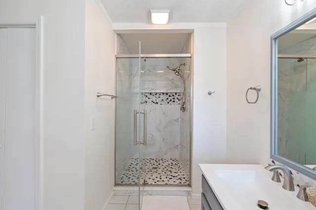 a bathroom with a shower and a sink